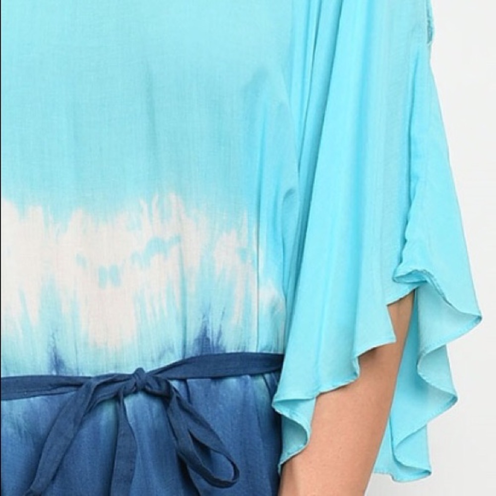 ❌DONATED❌Blue Tie Dye Cold Shoulder Lightweight Tunic Fringe Tunic Top - Picture 4 of 8